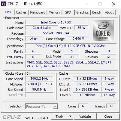 Intel Core i5 10400F @ 3992.2 MHz - CPU-Z VALIDATOR