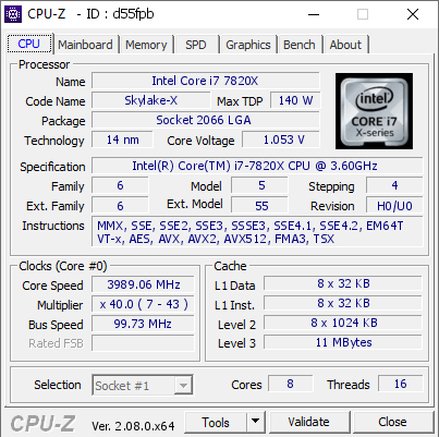 Intel Core i7 7820X 3989.06 MHz CPU Z VALIDATOR