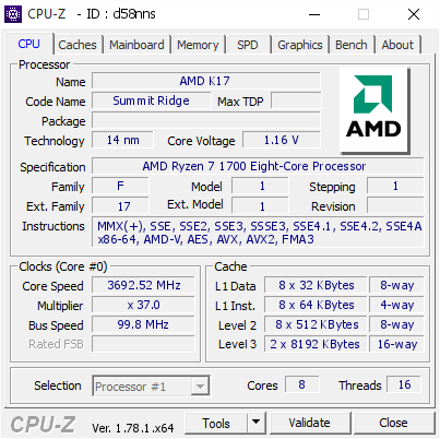 screenshot of CPU-Z validation for Dump [d58nns] - Submitted by  chrislevin  - 2017-03-10 12:39:08