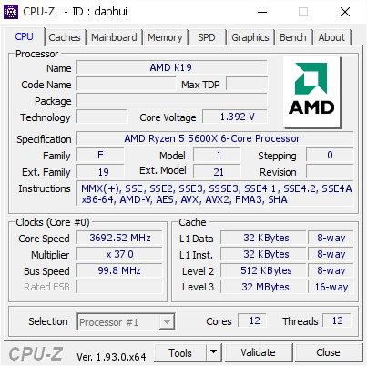 screenshot of CPU-Z validation for Dump [daphui] - Submitted by  Anonymous  - 2020-11-05 22:06:38
