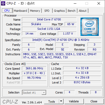 Intel Core i7 6700 @ 3691.86 MHz - CPU-Z VALIDATOR