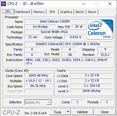 Intel Celeron 1005M @ 1895.48 MHz - CPU-Z VALIDATOR