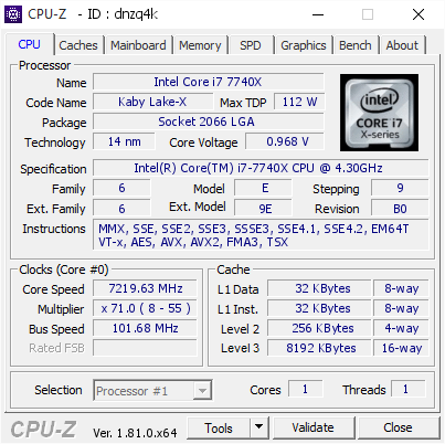 Intel Core i7 7740X @ 7219.63 MHz - CPU-Z VALIDATOR