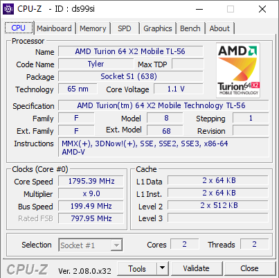 screenshot of CPU-Z validation for Dump [ds99si] - Submitted by  AMILO-LAPTOP  - 2023-10-14 12:26:42