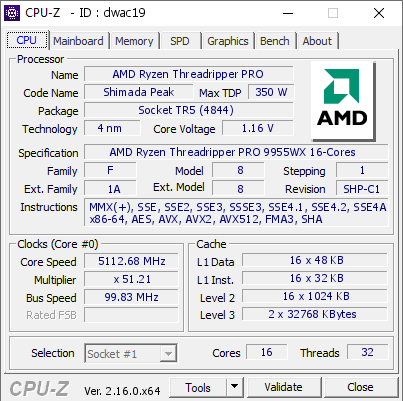 screenshot of CPU-Z validation for Dump [dwac19] - Submitted by  Anonymous  - 2025-09-11 13:59:56