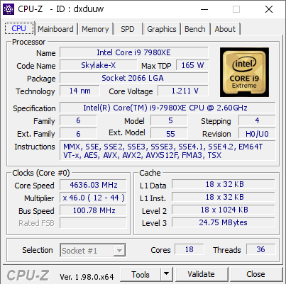 screenshot of CPU-Z validation for Dump [dxduuw] - Submitted by  PC-HANNAH  - 2021-11-24 18:22:30