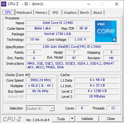Intel Core i5 12400 @ 3990.24 MHz - CPU-Z VALIDATOR