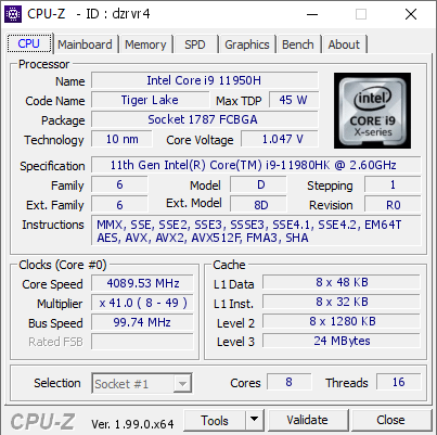 screenshot of CPU-Z validation for Dump [dzrvr4] - Submitted by  DELL_XPS_17  - 2022-02-03 05:32:31