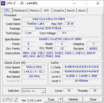 screenshot of CPU-Z validation for Dump [e44d89] - Submitted by  ASUS_ZENBOOKDUO  - 2026-08-11 00:48:31