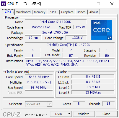 screenshot of CPU-Z validation for Dump [e55z9j] - Submitted by  Anonymous  - 2025-11-22 12:29:16