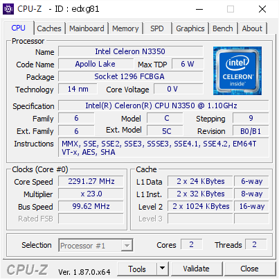 Inspecteren Victor Kroniek Intel Celeron N3350 @ 2291.27 MHz - CPU-Z VALIDATOR