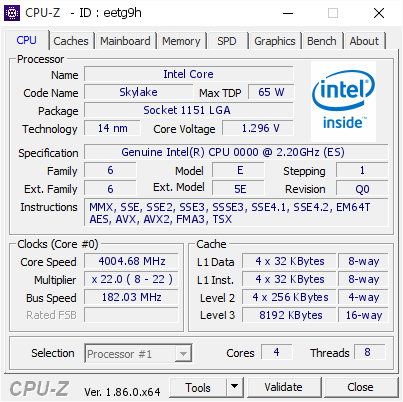 Intel Core 4004.68 MHz CPU Z VALIDATOR