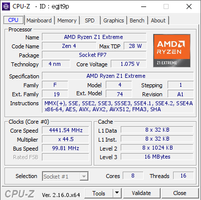AMD Ryzen Z1 Extreme @ 4441.54 MHz - CPU-Z VALIDATOR