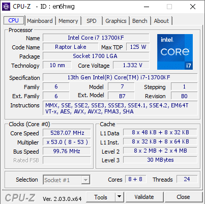 Intel Core i7 13700KF @ 5287.07 MHz - CPU-Z VALIDATOR