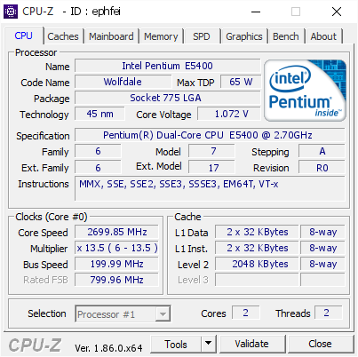 Sockel 775, 2,7GHz, 800MHz FSB, 45nm, 2MB L2-Cache Intel Pentium Dual Core E5400 Prozessor Box 