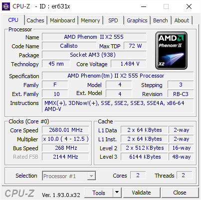 AMD Phenom II X2 555 @ 2680.01 MHz - CPU-Z VALIDATOR
