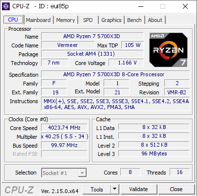 screenshot of CPU-Z validation for Dump [eui85p] - Submitted by  TYGUY  - 2025-12-25 22:58:06