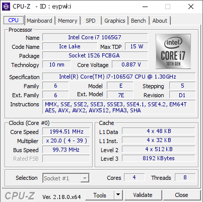 Intel Core i7 1065G7 @ 1994.51 MHz - CPU-Z VALIDATOR