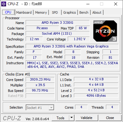 AMD Ryzen 3 3200G @ 3939.23 MHz - CPU-Z VALIDATOR