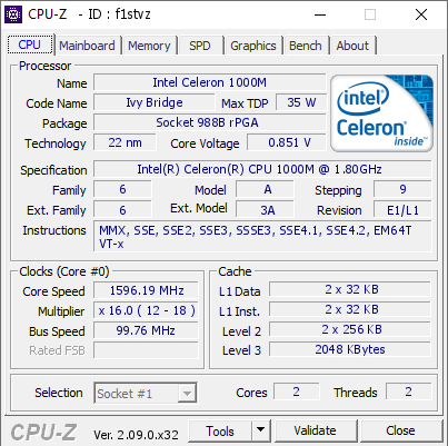 Intel Celeron 1000M @ 1596.19 MHz - CPU-Z VALIDATOR