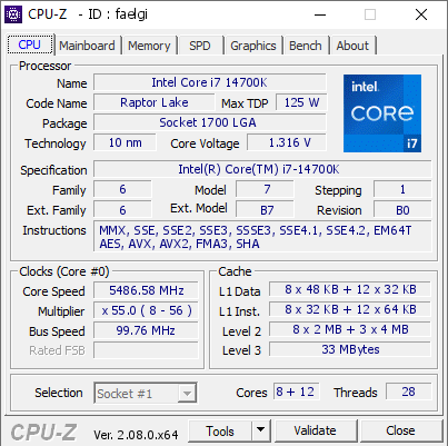 Intel Core i7 14700K @ 5486.58 MHz - CPU-Z VALIDATOR