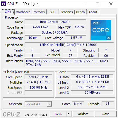 screenshot of CPU-Z validation for Dump [fbjnzf] - Submitted by  lukasb  - 2022-07-13 07:54:57