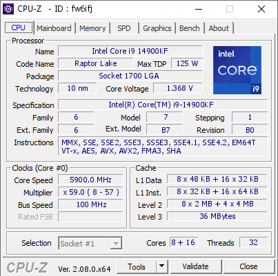 Intel Core i9 14900KF @ 5900 MHz - CPU-Z VALIDATOR