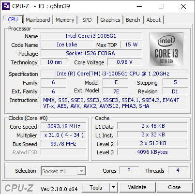 screenshot of CPU-Z validation for Dump [g6bn39] - Submitted by  LAPTOP-IT4TLKER  - 2026-02-18 03:29:27