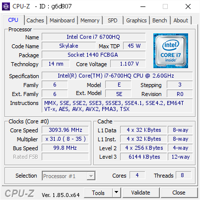 screenshot of CPU-Z validation for Dump [g6d807] - Submitted by  ALIENWARE  - 2018-05-19 20:16:36