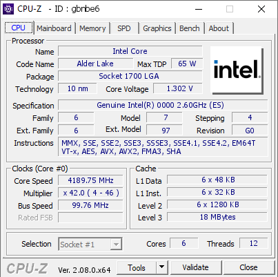 screenshot of CPU-Z validation for Dump [gbnbe6] - Submitted by  WINDOWS-PC  - 2024-01-19 04:42:59