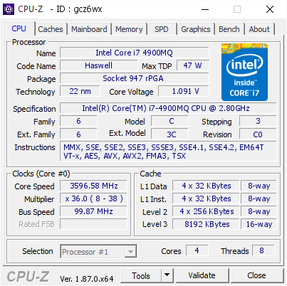 Intel Core I7 4900mq 3596 58 Mhz Cpu Z Validator