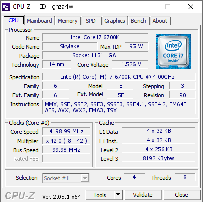 Intel Core i7 6700K @ 4198.99 MHz - CPU-Z VALIDATOR