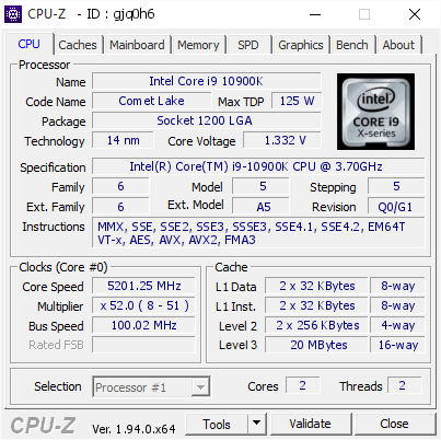 screenshot of CPU-Z validation for Dump [gjq0h6] - Submitted by  mattfleg  - 2020-11-11 20:43:15