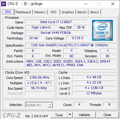 Intel Core i7 1165G7 @ 1296.56 MHz - CPU-Z VALIDATOR