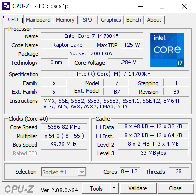 Intel Core i7 14700KF @ 5386.82 MHz - CPU-Z VALIDATOR