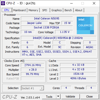 screenshot of CPU-Z validation for Dump [guv2tq] - Submitted by  FEDEMER-N5095A  - 2023-01-26 12:12:44