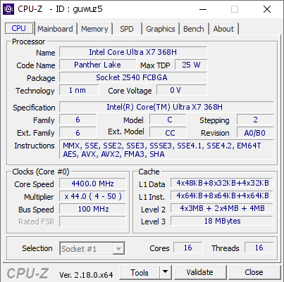 screenshot of CPU-Z validation for Dump [guwuz5] - Submitted by  Anonymous  - 2026-01-13 01:21:47