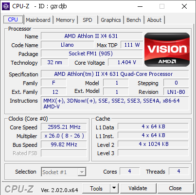 AMD Athlon II X4 631 2595.21 MHz CPU Z VALIDATOR