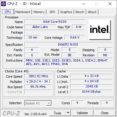 Intel Core N100 @ 2892.92 MHz - CPU-Z VALIDATOR