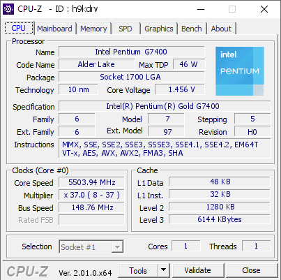 screenshot of CPU-Z validation for Dump [h9kdrv] - Submitted by  brokenapex49  - 2022-06-28 01:36:44