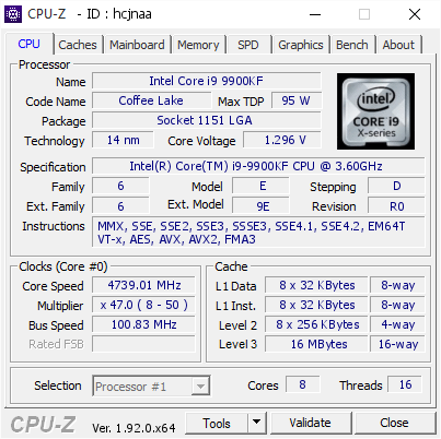 Intel Core i9 9900KF @ 4739.01 MHz - CPU-Z VALIDATOR