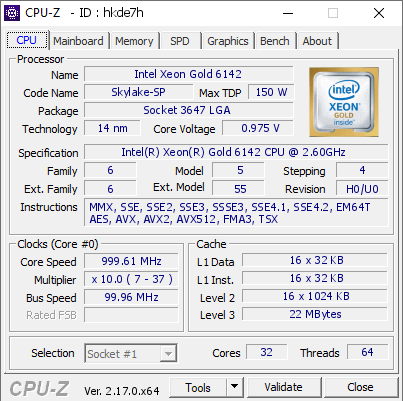 Intel Xeon Gold 6142 @ 999.61 MHz - CPU-Z VALIDATOR