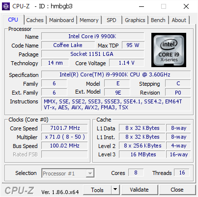 Intel Core i9 9900K @ 7101.7 MHz - CPU-Z VALIDATOR