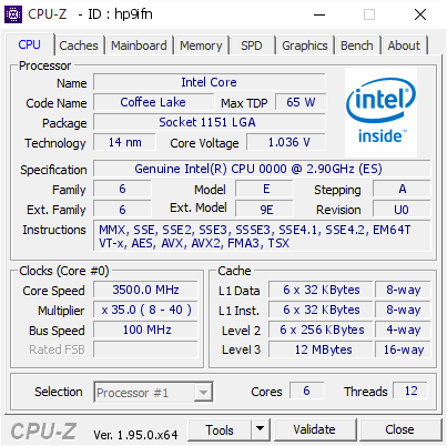 screenshot of CPU-Z validation for Dump [hp9ifn] - Submitted by  DESKTOP-0PN71V9  - 2021-08-29 13:44:43