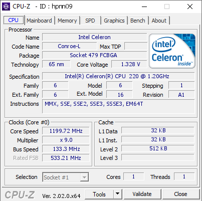 screenshot of CPU-Z validation for Dump [hpnn09] - Submitted by  INTEL  - 2022-09-21 09:57:11