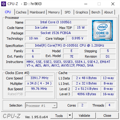 Intel Core i3 1005G1 @ 3391.7 MHz - CPU-Z VALIDATOR