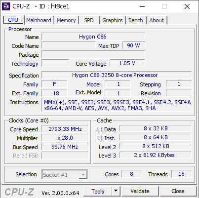 Hygon C86 3250 動作マザーボード Hygon C86 @ 2793.33 MHz - CPU-Z VALIDATOR