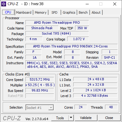 screenshot of CPU-Z validation for Dump [hwsr38] - Submitted by  9965WX  - 2025-12-11 19:13:51
