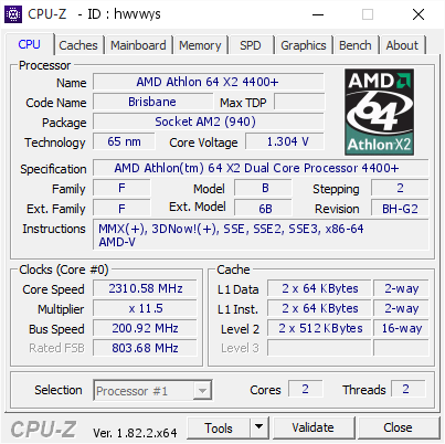 AMD Athlon 64 X2 4400+ @ 2310.58 MHz - CPU-Z VALIDATOR