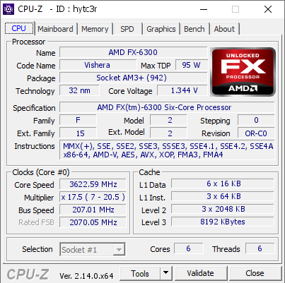 screenshot of CPU-Z validation for Dump [hytc3r] - Submitted by  DESKTOP-C073DCI  - 2025-03-26 01:40:46